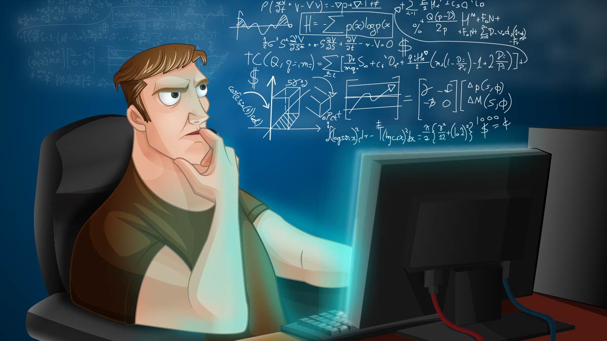 Joueur de poker assis devant son ordinateur pensant à des équations de mathématiques compliquées