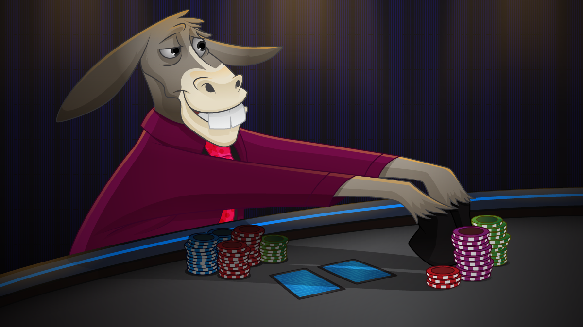 âne anthropomorphique à une table de poker misant avec des jetons dans son sabot. <<<